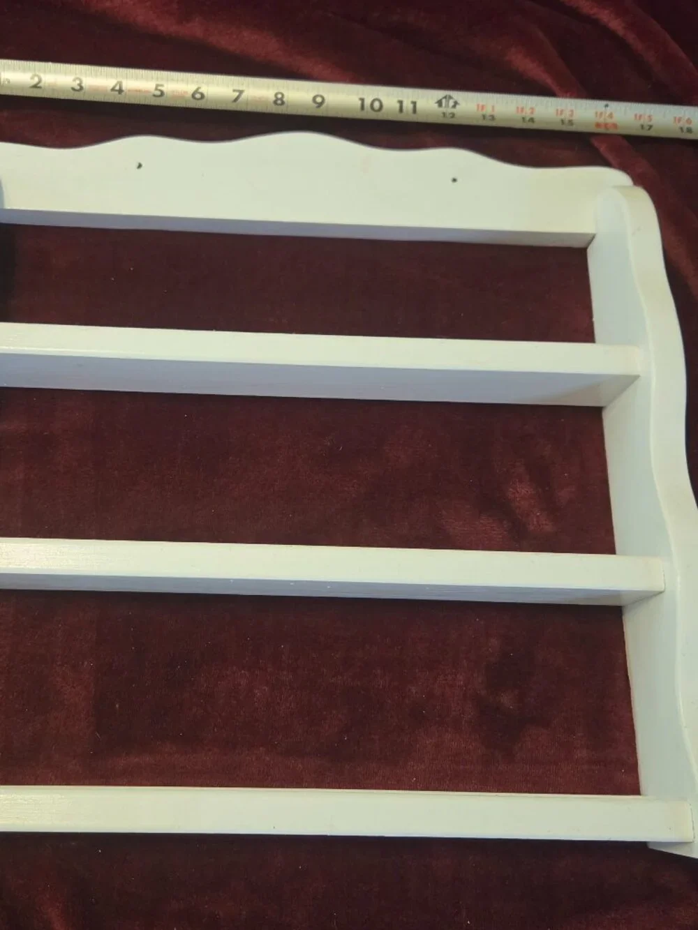 wooden white three tier display shelf holds nail polish bottles or trinkets
